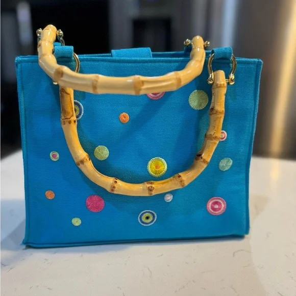Tianni Bamboo Handle Vibrant Blue and Yellow Tote with Playful Design - Picture 1 of 10